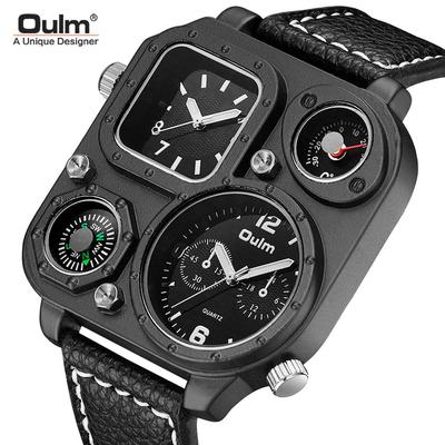 Oulm Herren-Quarzuhr mit Kompass, großem Zifferblatt, doppelter Zeitzone und Lederarmband