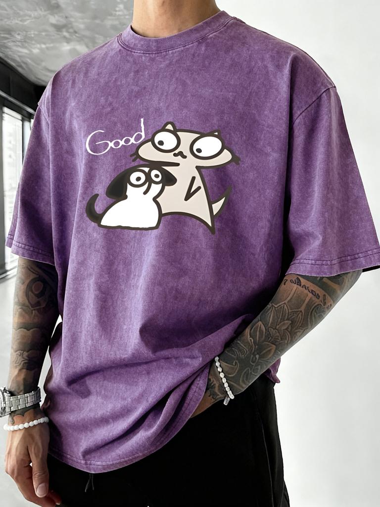 Good Cartoon Dog Cat Design Washed T Shirt Man Cotton Casual TShirt Vacation Beach Clothes Oversized Comfortable Sportswear