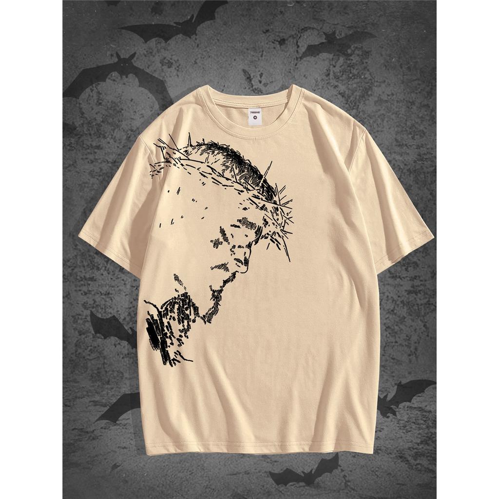 Vintage Jesus Head Print T-Shirt - Distressed Religious Icon Suitable for Church, Study & Casual Wear - Solid Color Round Neck Summer 