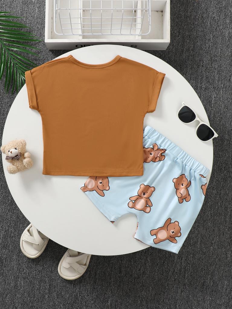 Fashion Summer Baby Boys Teddy Bear Print Short Sleeve T-Shirt & Shorts 2PCS Summer Outfit for0-3Y Newborn Baby Casual Outfit