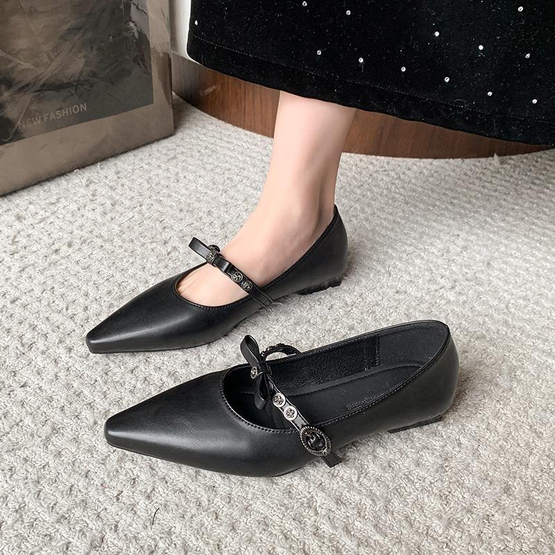 

High temperament pointed bow workplace women s shoes thick heel retro Mary Jane shoes one pedal light mouth single shoes 40 чёрный