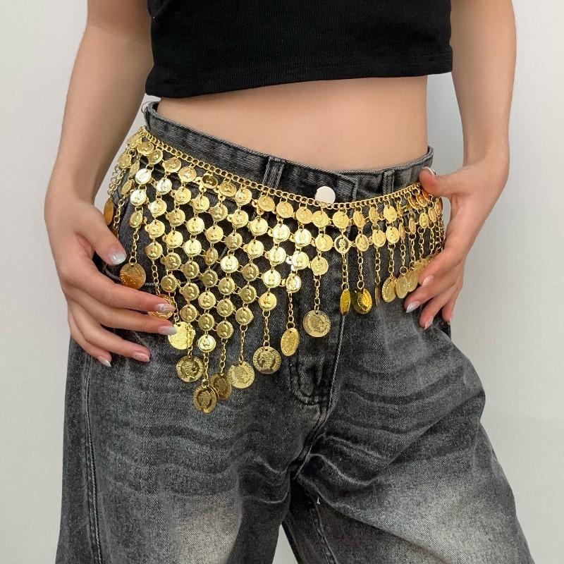 Bohemian Metal Round Sequined Fringed Waist Chain, Feminine Fashion Belly Dance Belt, Clothing Accessories