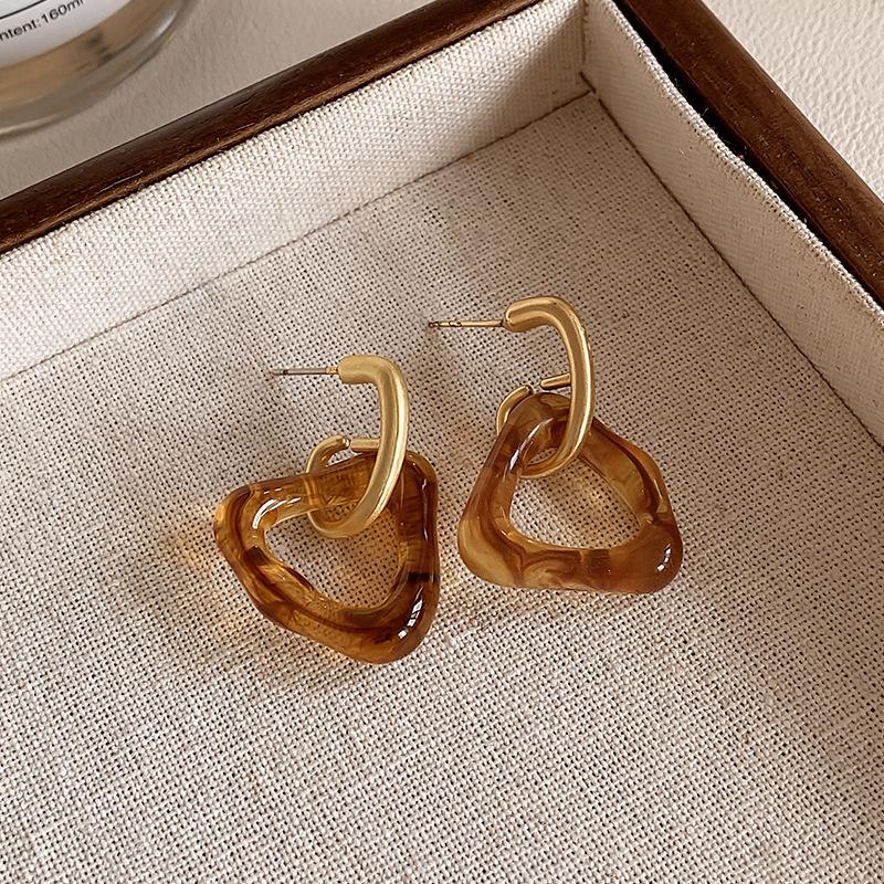 Vintage Brown Resin Tiger Eye Stone Dangle Earrings for Women Trendy Gold Color Metal Frame Geometry Earrings Jewelry Gifts