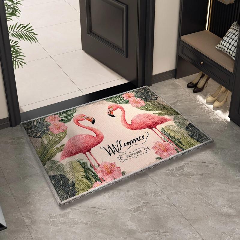 Welcome Flamingo Doormat: Washable Indoor Outdoor Entrance Carpet Rug Home Decoration Floor Mat for Front Door Hallway Bathroom