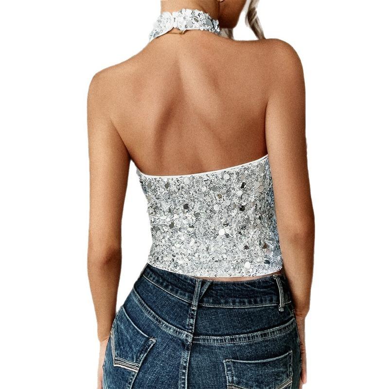 Elegant and Refined Halter Sequined Vest Women's Spring and Summer Tops