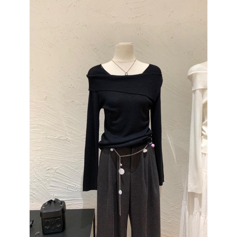 

Lazy casual unique one-word neck long-sleeved knitted bottoming shirt women s autumn atmosphere sweater L чорний