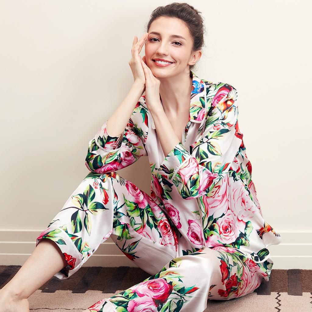 High end fashion printed long sleeved pants set with 100% mulberry silk home wear and silk pajamas for women