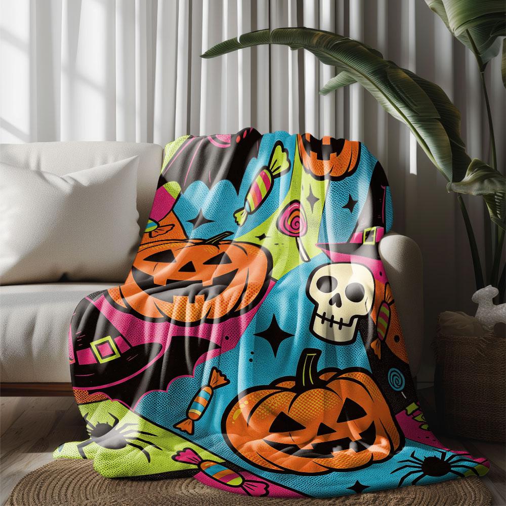 1pc Halloween Pumpkin Skull Bat Spider Print 230g Flannel Blanket, Soft Comfortable Throw Blanket For Sofa Lounge And Daily N
