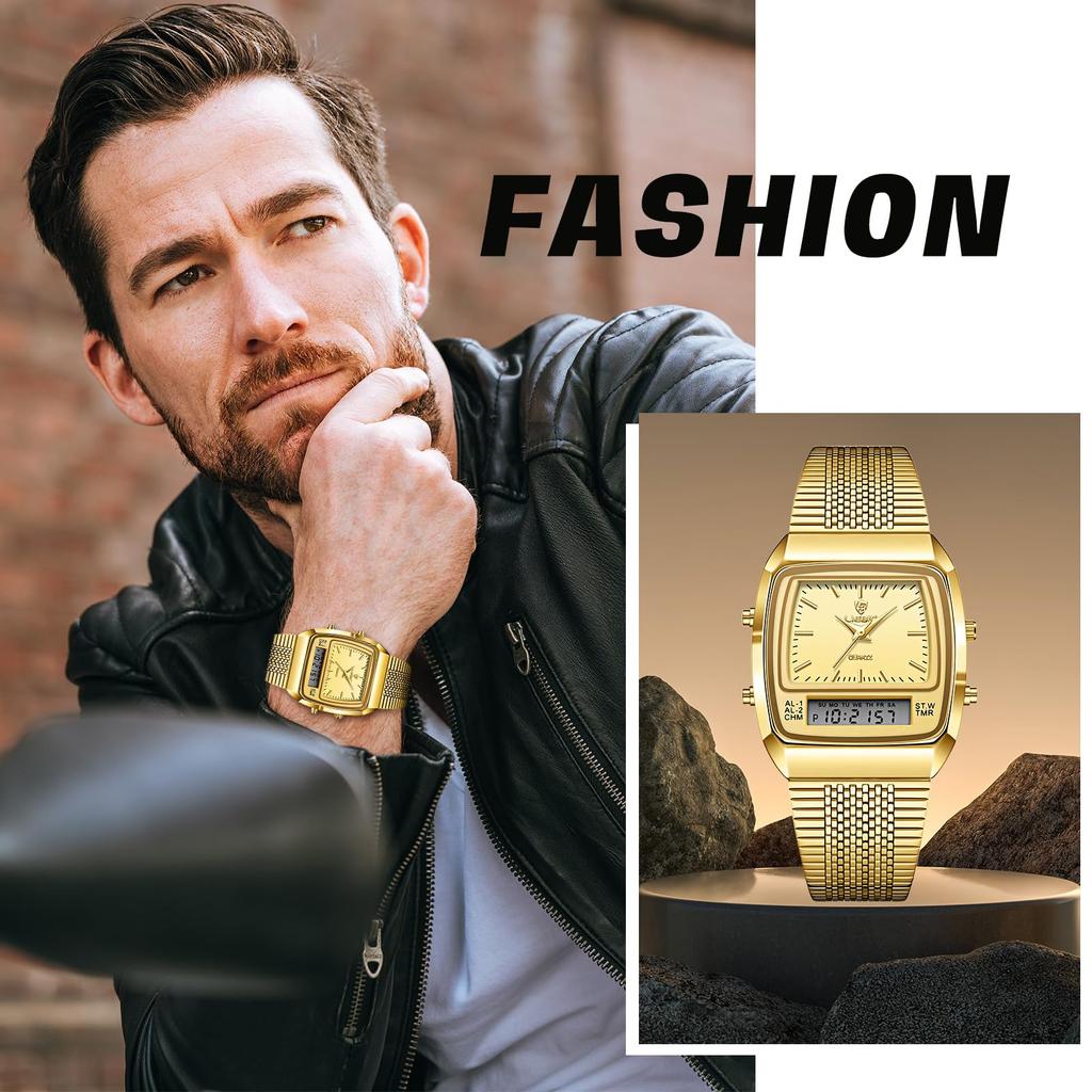 Oidea unisex waterproof and rainproof watch with a square dial, calendar function, bar indexes, quartz movement, gold case, and gold dial. Perfect as