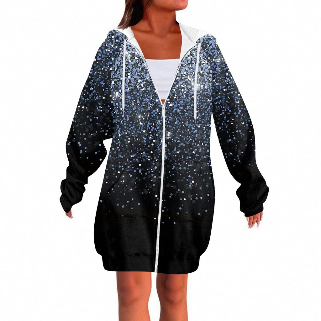 Women's Fashionable Printed  Long Sleeved Drawstring Hooded Zipper Pocket Long Casual Sweatshirt Jacket