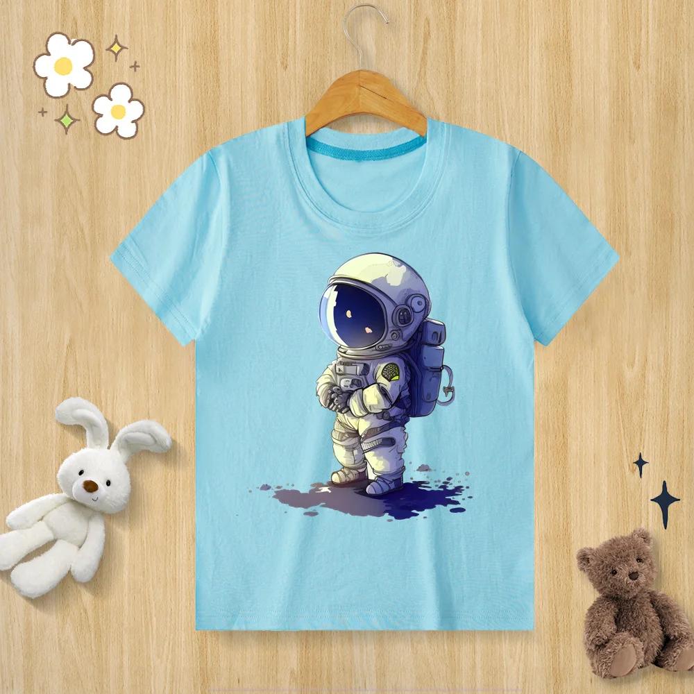 Childrens Pure Cotton Tshirt Astronaut Print Tshirt Oneck Short Sleeve Kids Clothes Boys Clothes Girls Clothes