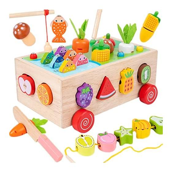 Bajoy 7in1 Montessori Educational Toy, Shape Fitting, Fitting, Fitting, Fingertip Fishing Toy, String Thread, Multifunctional Wooden Educational Toy