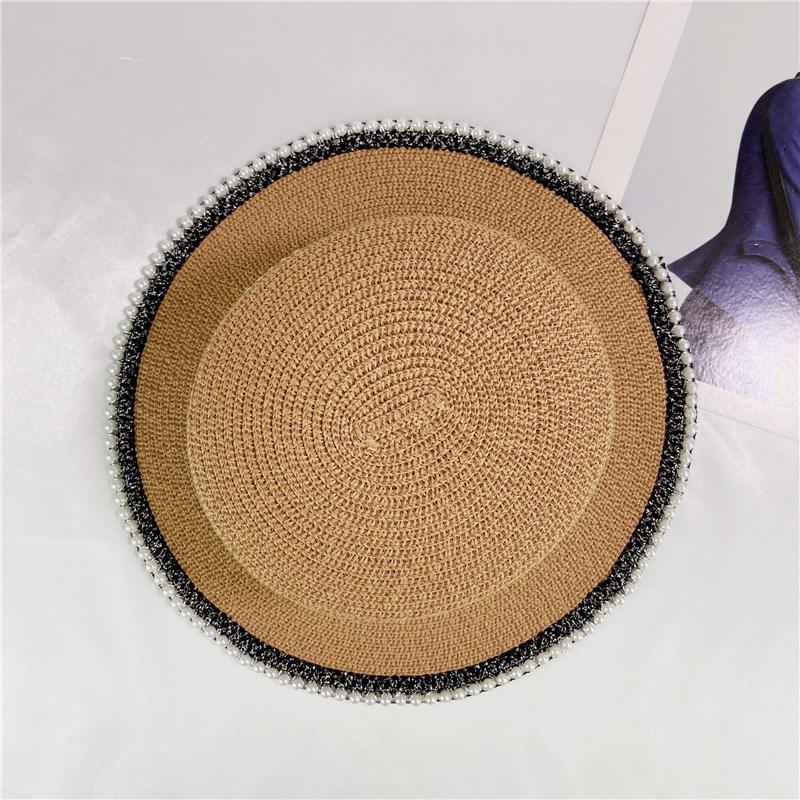 French Retro Pearl Lace Flat Top Straw Hat Women's Tide Summer Outing Seaside Sun Hat Beach Hat