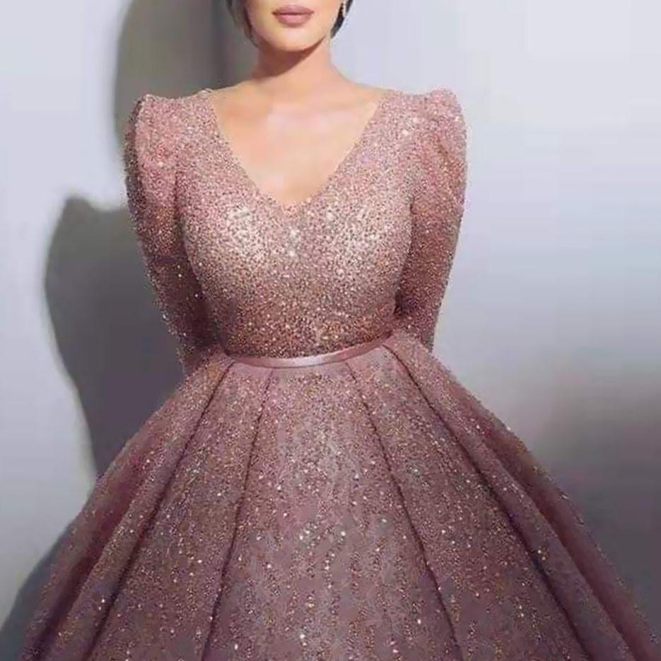 Damen Maxikleid, elegant, mit langen Ärmeln, V-Ausschnitt, glitzernd, für Hochzeit, Braut, Brautjungfern, Party, Ballkleid