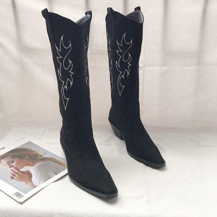 2025 Retro Chunky Heel Embroidered Pointed Toe Slip-on Western Cowboy Boots for Women
