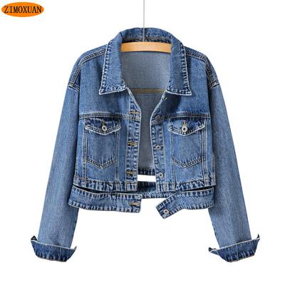 Nova chegada feminina primavera e outono, jaqueta jeans azul vintage com cintura alta, jaqueta curta cowboy estilosa