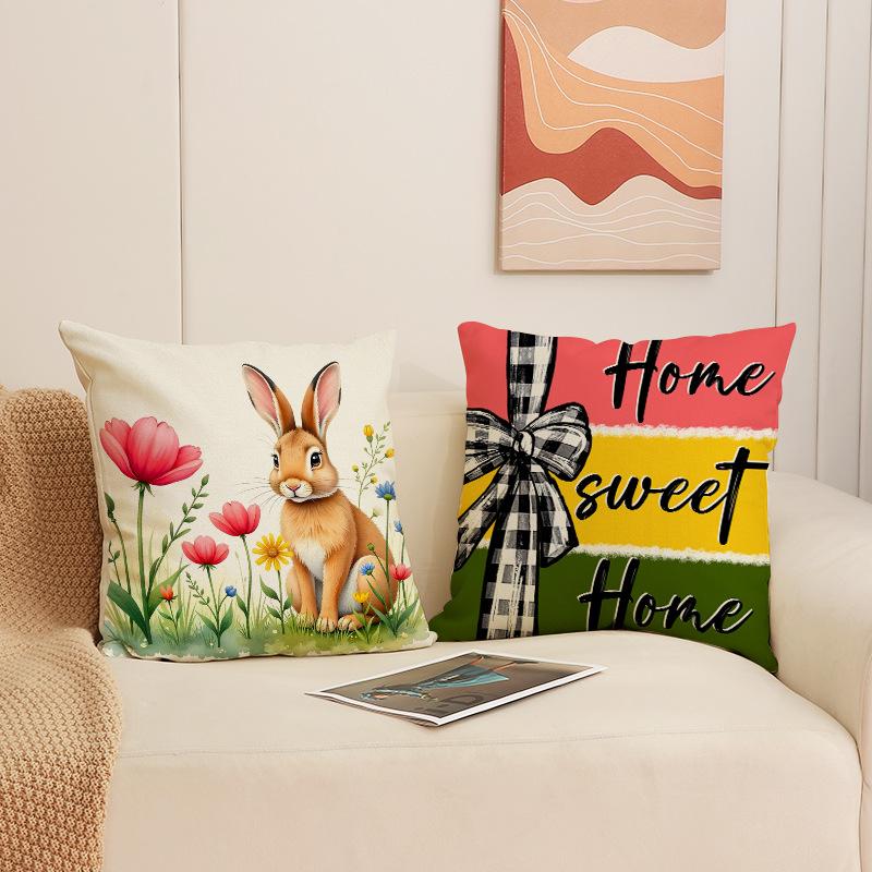 New Easter Pillowcase Cute Pet Rabbit Set Pillowcase Linen Print Living Room Decoration Sofa Cushion