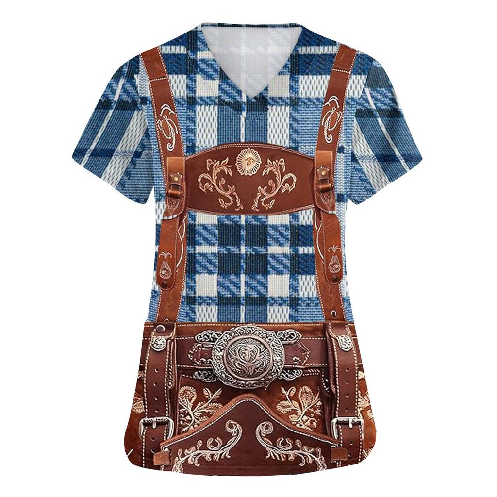 Women's V Neck Short Sleeve Work Shirt with Pocket Oktoberfest Print Top for Caregivers and Service Staff Comfortable Fit