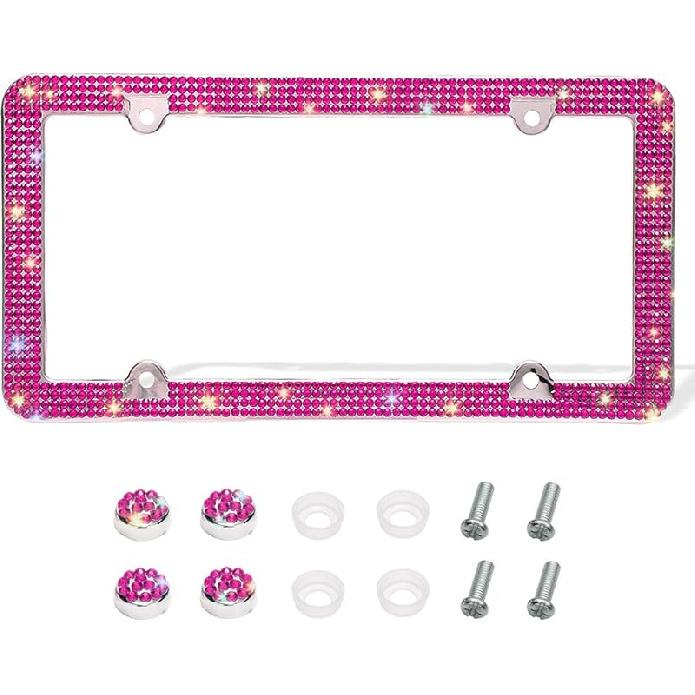 Otostar Bling License Plate Frame, Handcrafted 4 Rows Shiny Rhinestones Stainless Steel 4 Holes License Plate Frame With Anti-Theft Screws Caps Set