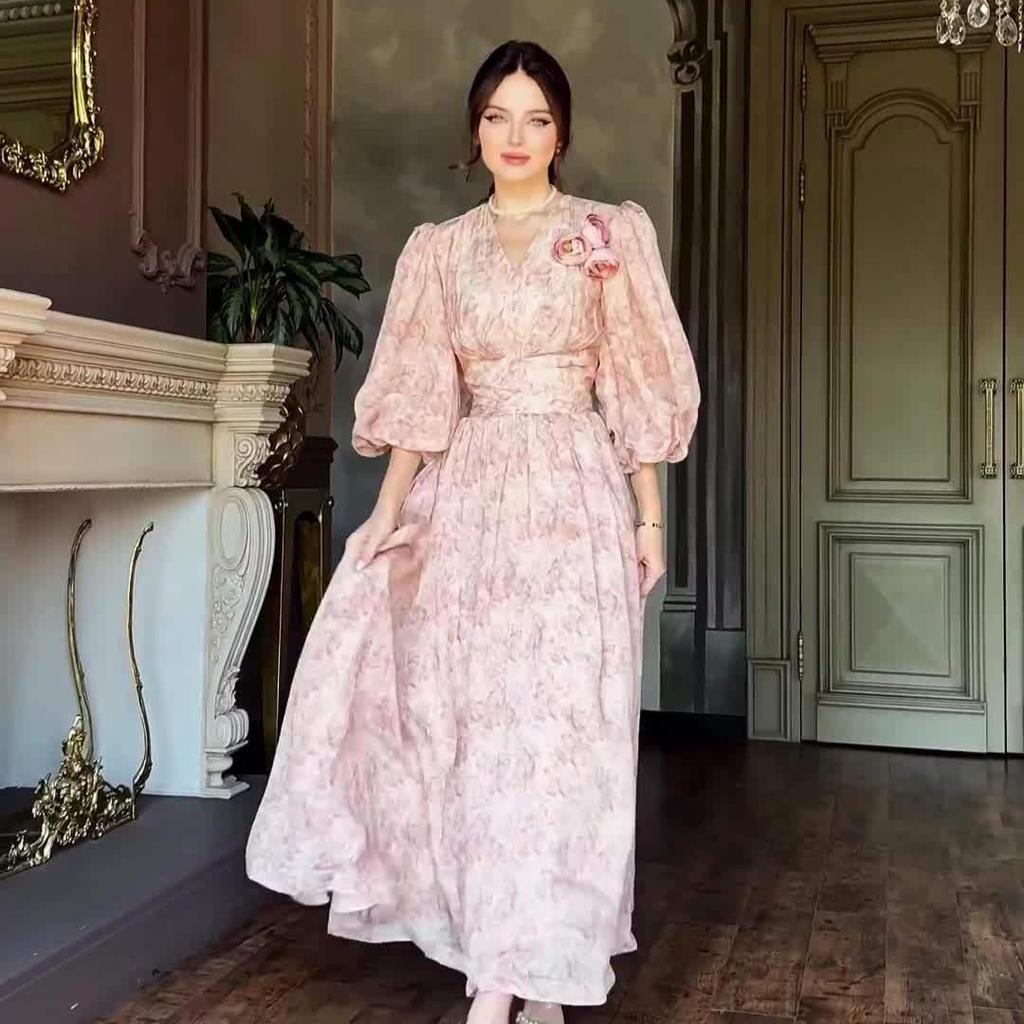 2024 Herbst Europäischer & Amerikanischer Damen Sanfter Stil Print Taillenbetontes Schlankmachendes Kleid