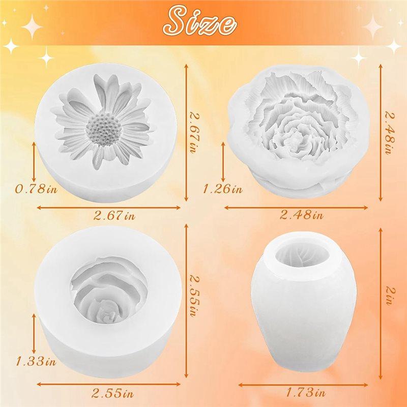 CYCLI-For DIY Candle Silicone Mold Set 4Pcs 3D Flower Molds For Soap Epoxy Release Crafts- Daisy Peony Rose Tulip Gift
