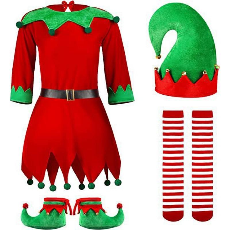 Beautiful Christmas Children's Christmas Elf Costume, Parent-Child Clothing Red Striped Hooded Dress Women's Clothing