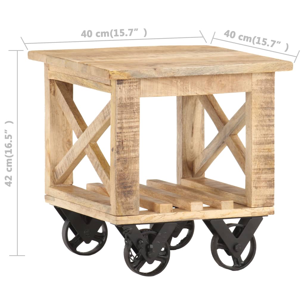 Side Table with Wheels 40 X 40 X 42 Cm Rough Mango Wood