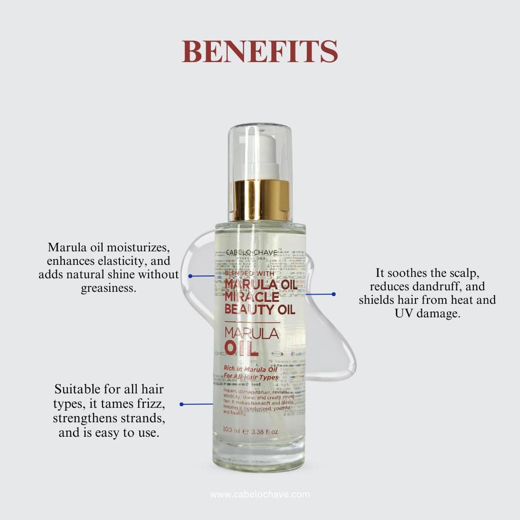 Cabelo Chave Professional Marula Hair Oil | Miracle Beauty Oil for All Hair Types | Repairs & Nourishes Damaged Hair | Adds Shine & Smoothness |