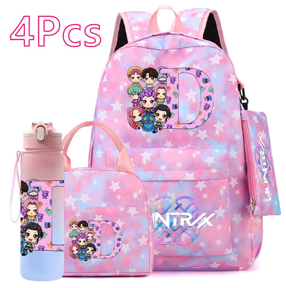 4Pcs/set 26 English Letter K-POP Printed Backpack Handbag Pencil Case 750Ml Water Bottler for Teenager Boy Girl Bookbag Schoolbag With Drinking Cup