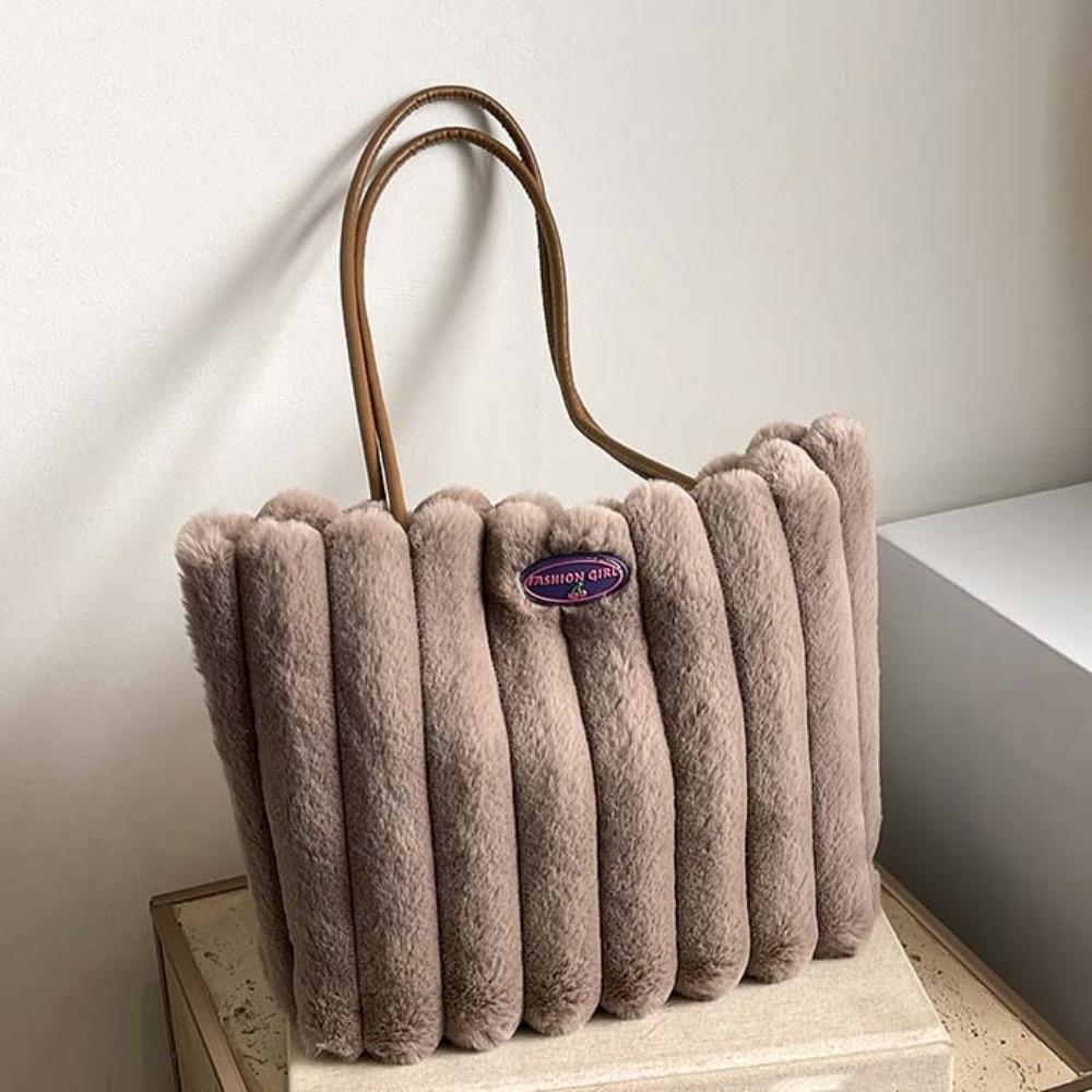 Stripe Plush Shoulder Bag Portable Commuting Handbag Polyester Furry Tote Bag  Women