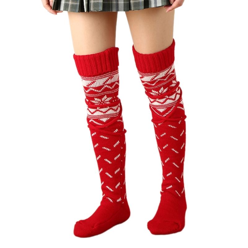 Womens Christmas Knitted Thigh High Socks with Strappy Ties Snowflake Print Over Knee Boot Stockings Winter Leg Warmers