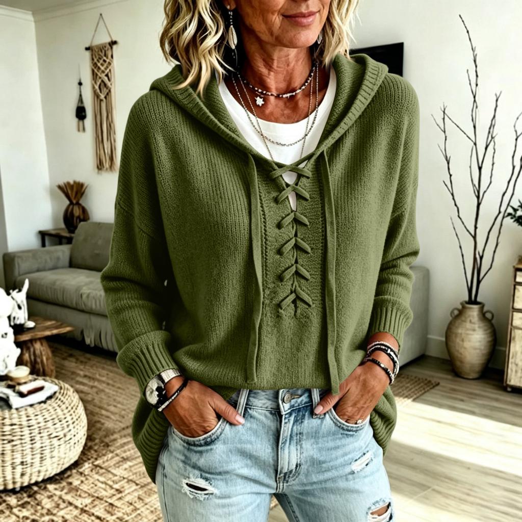 Women's Hooded Sweater with Long Sleeve Loose Fit Color