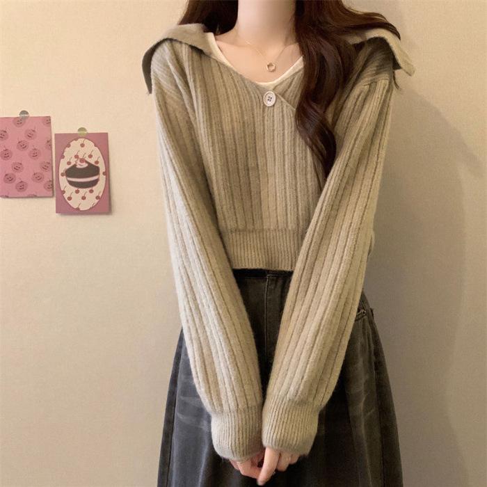 

Маленький вязаный свитер в стиле французского ретро с высокой талией - Приталенный отложной воротник, длинный рукав, осенне-зимний стиль для женщин One Size