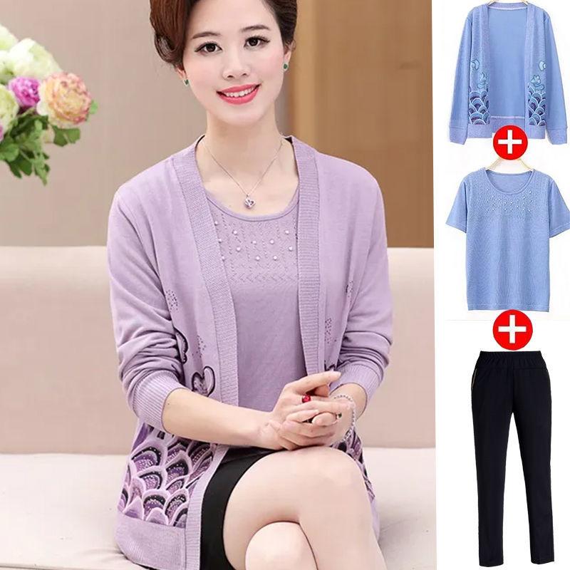 2PCS Spring/SummerAutumn Women's Knitted Cardigan Sweater + Short Sleeve Knitted T-Shirt Two Piece Set Plus Size Open-front Knitted Jacket