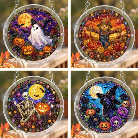 Yangyizhi Acrylic Jigsaw Puzzle Suncatcher, Stained Glass Style Halloween Skeleton Ghost Sun Catcher for Gothic Window Wall Hanging Decor