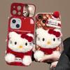 Kitty cat doll lanyard for iPhone 16 mobile phone case 15pro cute plush 14 flip mirror 13 red