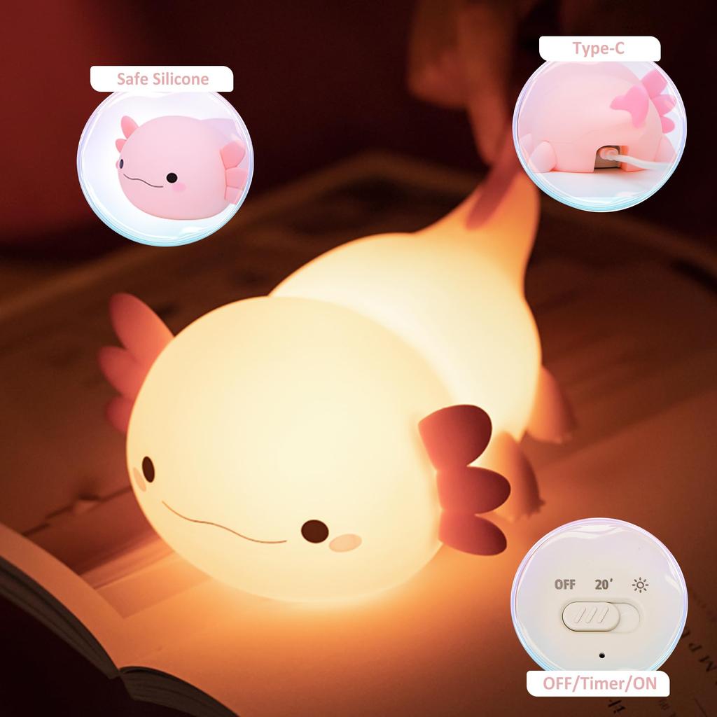 Axolotl Night Light, Cute Salamander Silicone Touch Nursery Lamp, Timer Dimmable Rechargeable LED Night Light, Soft Toddler Breastfeeding Bedroom