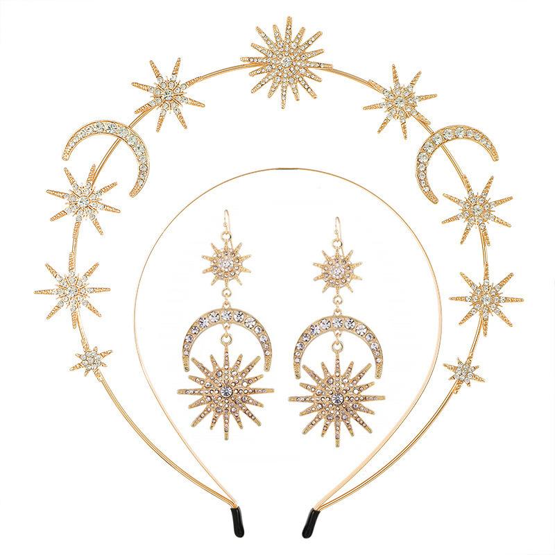

European and American Double Hexagram Sun Moon Rhinestone Headband Earrings Set Alloy Headgear 2026