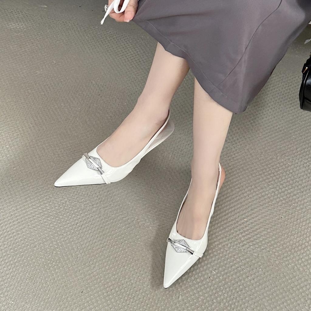 Spring New French Rhinestone Buckle Pointed Head Thin Heel High Heel European and American Fashion Bag Head Women's Shoes Rear Empty Women's Sandals