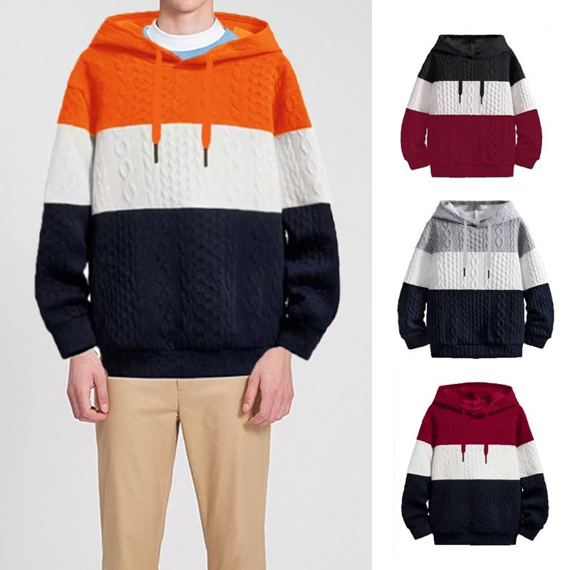 Mens Colourblock Knit Pullover Sweatshirt Hooded Hoodie Long Sleeve Casual Jumper Top