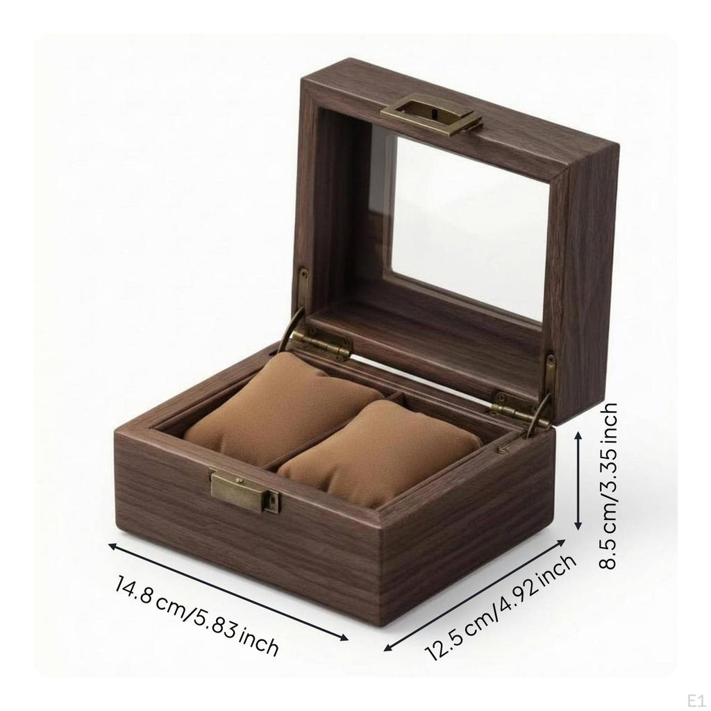 Walnut Watch Box Metal Clasp Glass Lid Cushioned Slots Timepiece Case for Dresser Top