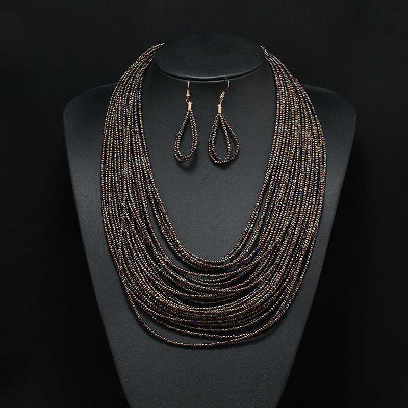 Bohemian multi-layer rice beads short necklace earrings retro exaggerated personality women's sweater chain accessories