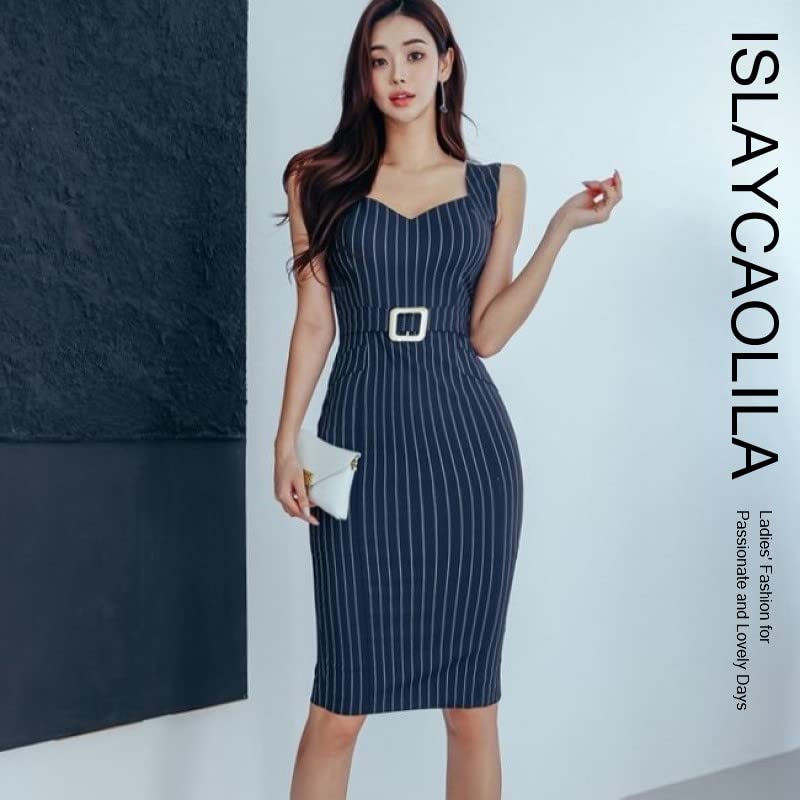 ISLAYCAOLILA E18 Scarlet Cabaret Mini Club Party Tight Midi Bodycon Dress Women's (XL, Navy) Dress, Dress, Dress, Dress, Dress, Striped, Sleeveless,
