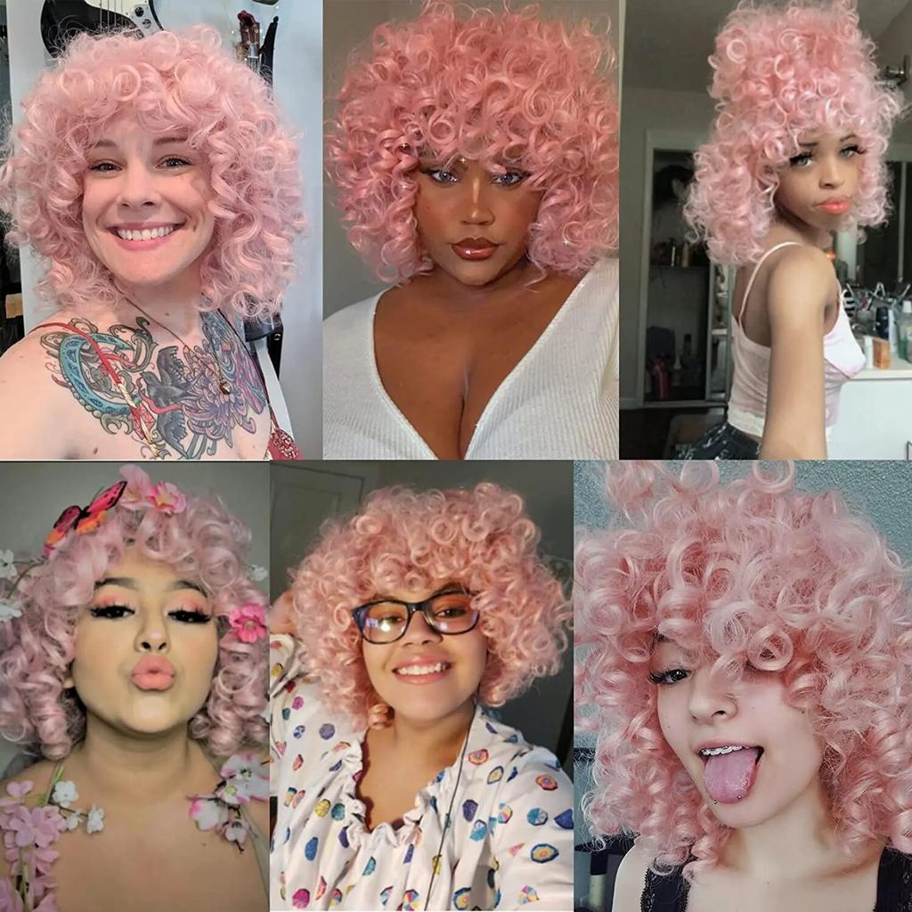 Pink Curly Synthetic Wigs for Black Women Short Kinky Curly Wig with Bangs Heat Resistant Hair Wig Halloween Cosplay Party Wigs