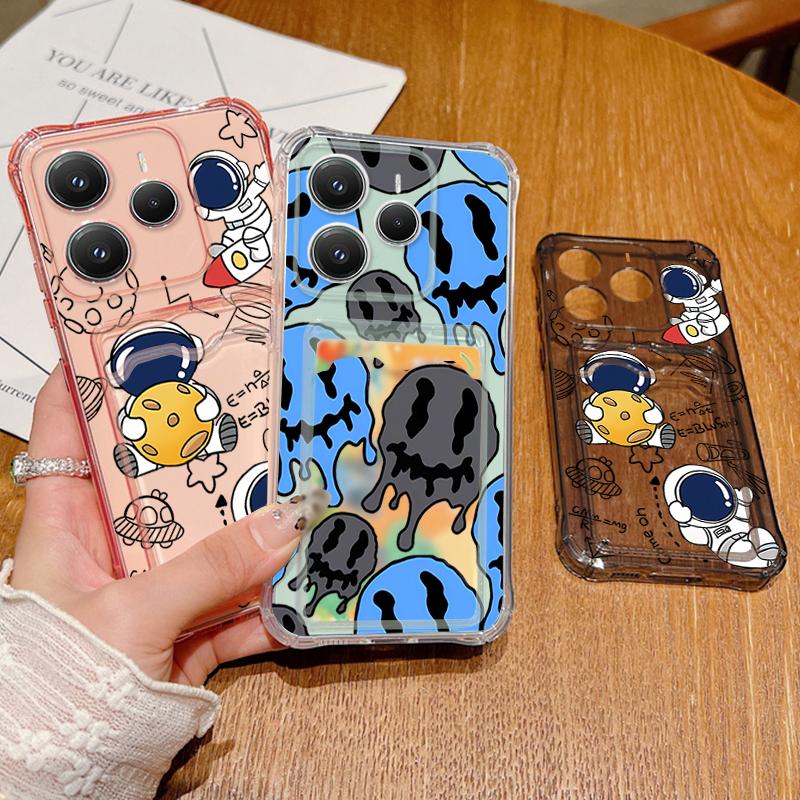 Astronaut Printed Card Slot Clear Phone Case For Xiaomi 14T 13T Pro Poco F6 Pro X6 C65 Redmi Note 13 Pro 12 11 Soft Silicone Shockproof Bumper Cover