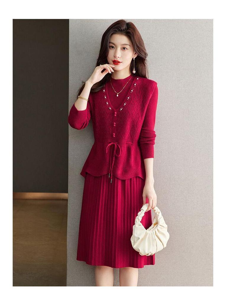 Two-Piece Knit Vest & Dress Set: Mid-Length, Slim-Fit, Autumn/Winter Fashion
