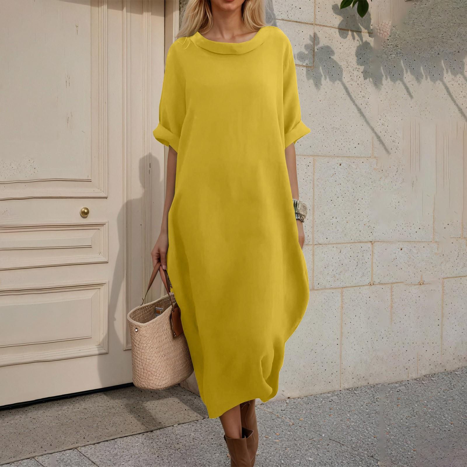 

Женское модное повседневное платье макси из хлопка и льна с круглым вырезом, однотонное, для гавайской пляжной коктейльной вечеринки XL жёлтый