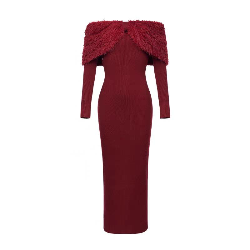 Christmas new high-end sense super good-looking temperament imperial sister with red knitted dress Zidong