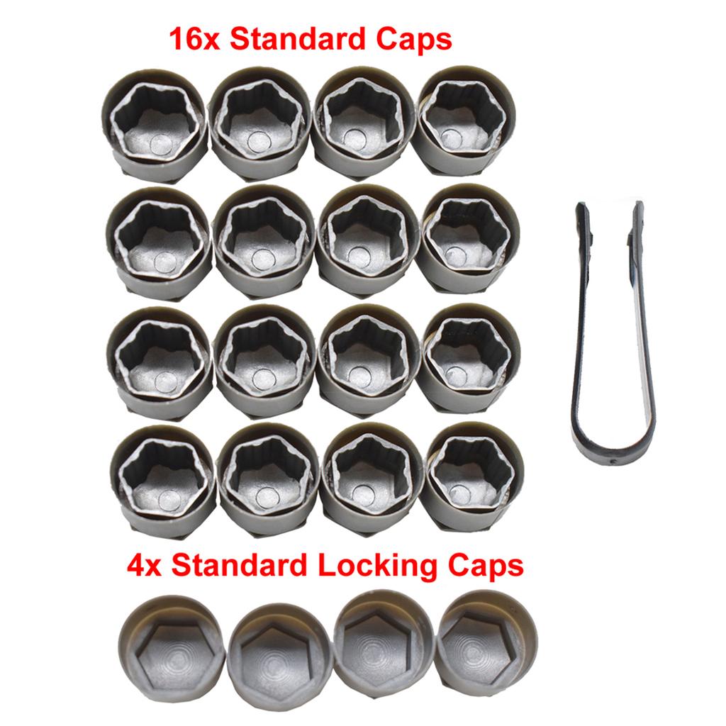 20 Stück graue Auto-Radnabenmutter, Reifen-Schraubkappe, Staubschutz, wasserdicht, mit Entfernungswerkzeug, 25 mm, für Reifen, Radmuttern, Styling