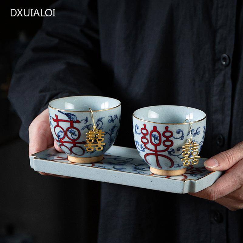 Blue and White Happy Cups Ceramic Cups Wedding Gifts Kungfu Tea Set Handmade Teacup Tea Set Accessories 75ml Teacup and Tea Tray